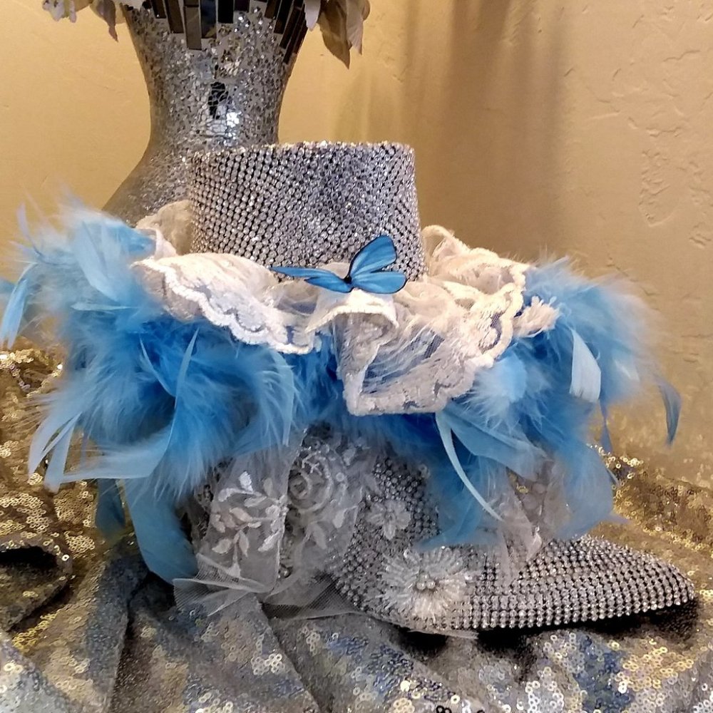 MORWENNA Silver, Blue & White Feather Lace Crystal Diamante Wedding Ankle Boots